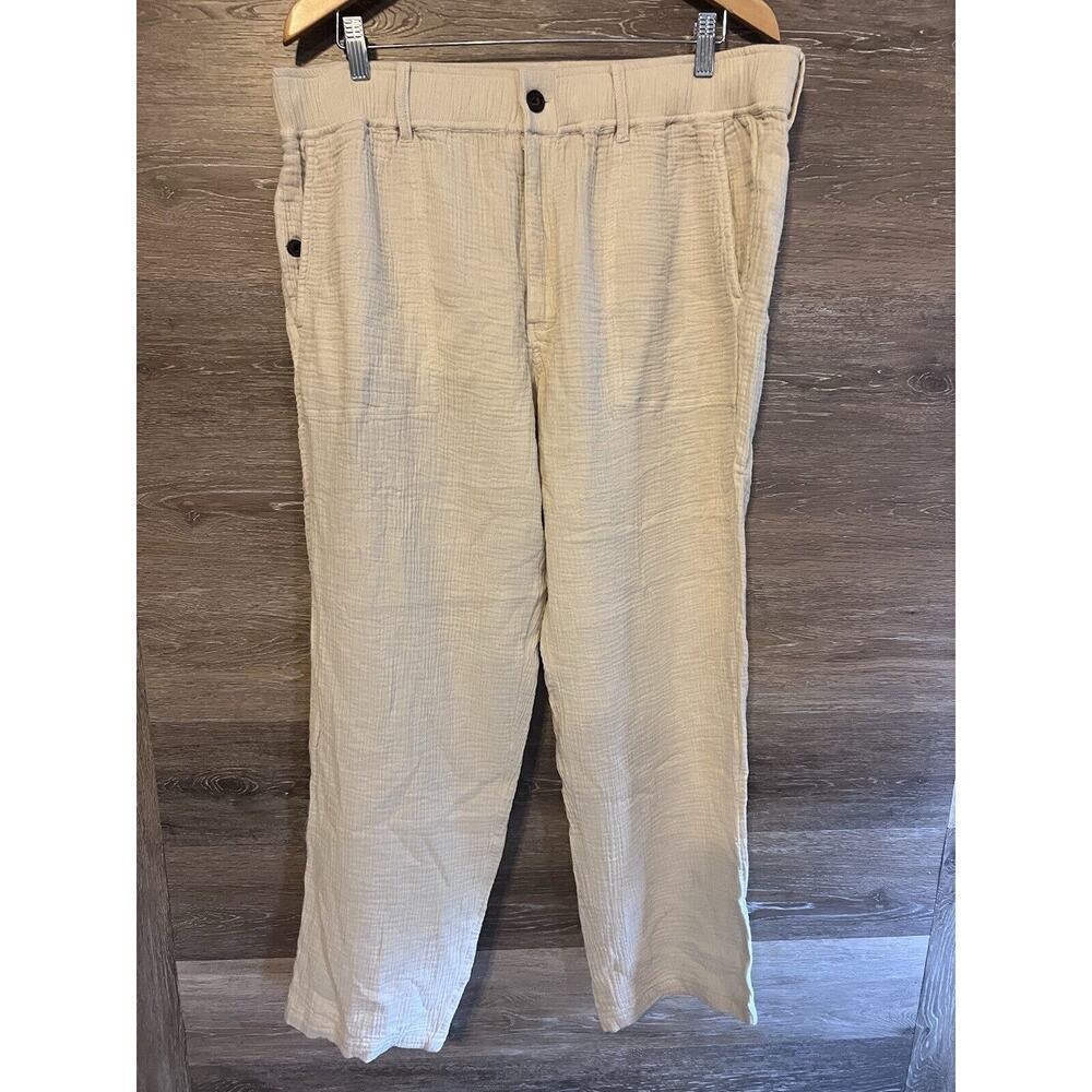 Women Cream Crinckled Cotton Textured Pants Sz Large Elastic Waist Upwest